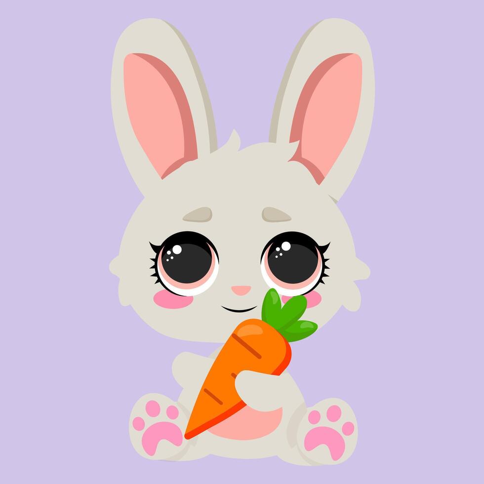 Cute fluffy bunny holding a fresh carrot on a soft pastel background. Perfect for kids prints, greeting cards, nursery art, baby shower invitations, Easter designs, and adorable decorations vector
