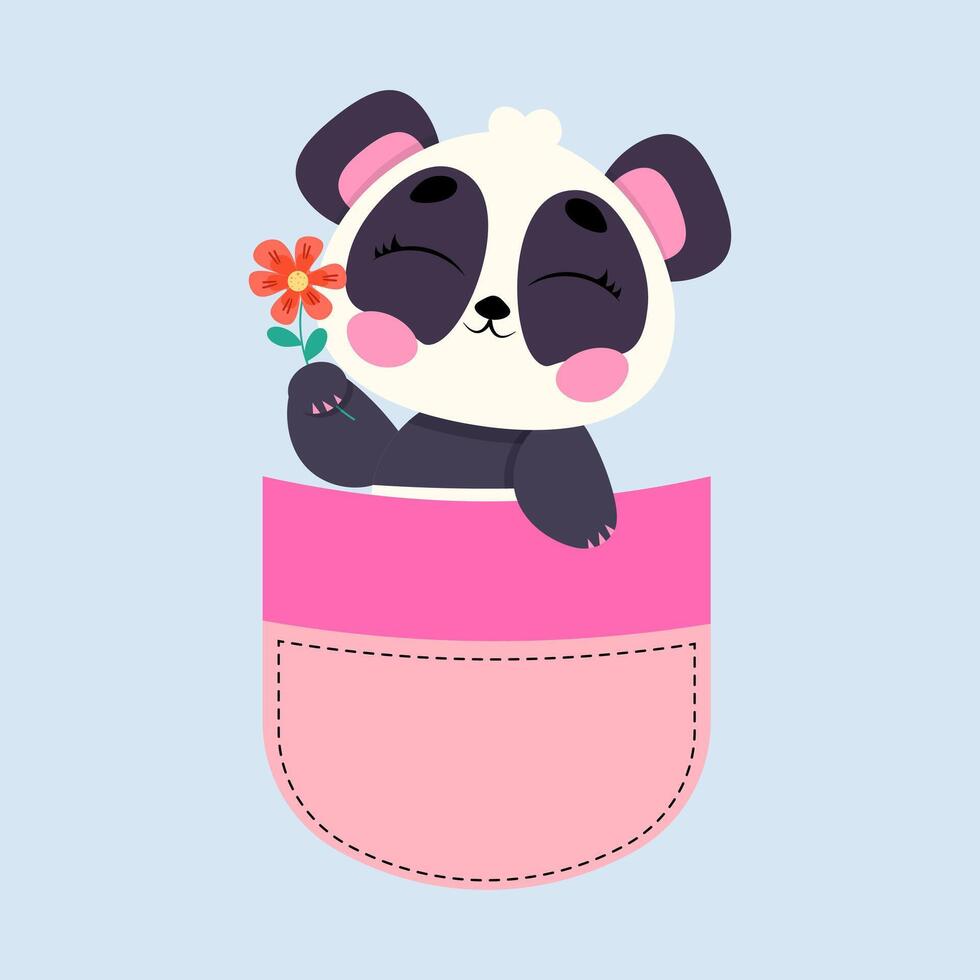 Adorable baby panda holding a delicate flower while peeking from a pink pocket. Perfect for greeting cards, children's fashion, stickers, and kawaii-style merchandise vector