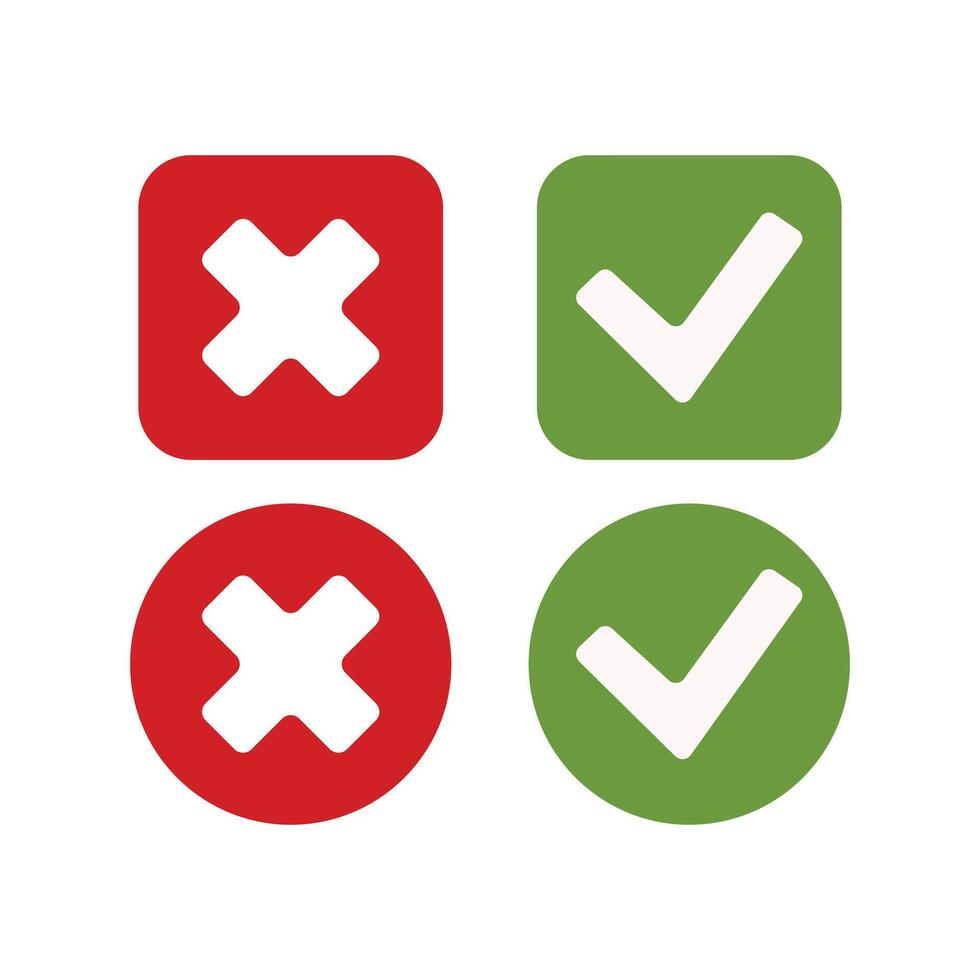 Green check mark, red cross mark icon set. Isolated tick symbols, checklist signs, approval badge. vector