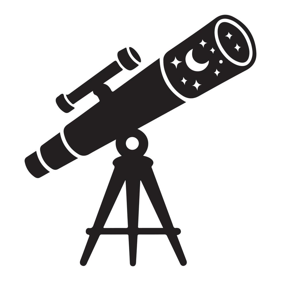 A sleek black silhouette of a telescope on a tripod, symbolizing exploration and curiosity against a white background vector