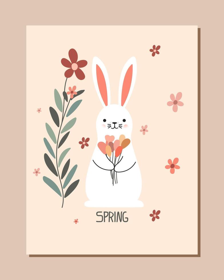 cute white bunny is sitting on beige background with colorful flowers. flat art with cute rabbit for cards vector