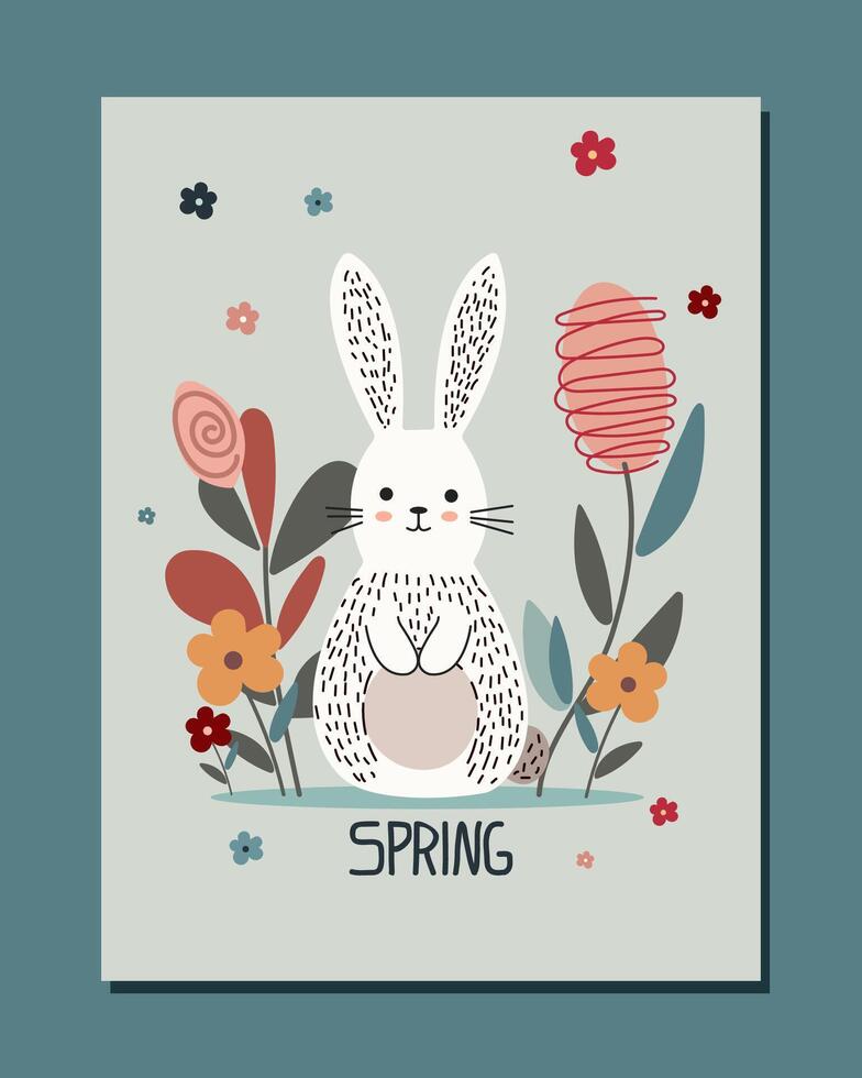 sweet white bunny is sitting on blue background with colorful flowers. flat art with sweet rabbit for cards vector
