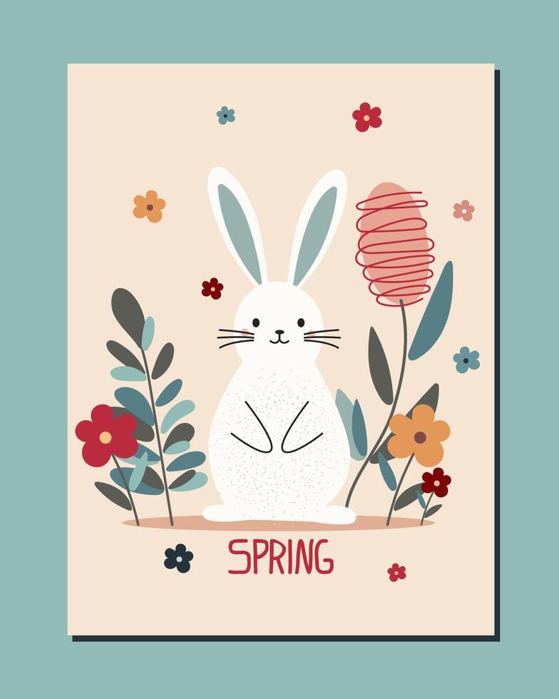sweet white bunny is sitting on light background with colorful flowers. flat art with sweet rabbit for cards vector