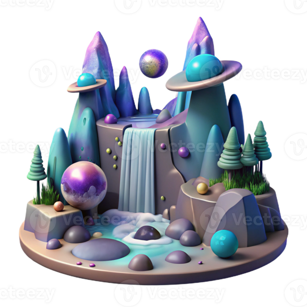 vibrant artistic Alien Landscape with Waterfalls Transparent for Web Design detailed png