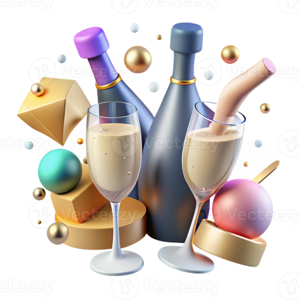 vibrant abstract Champagne Bottle and Glasses Cutout for Celebration Setup premium png