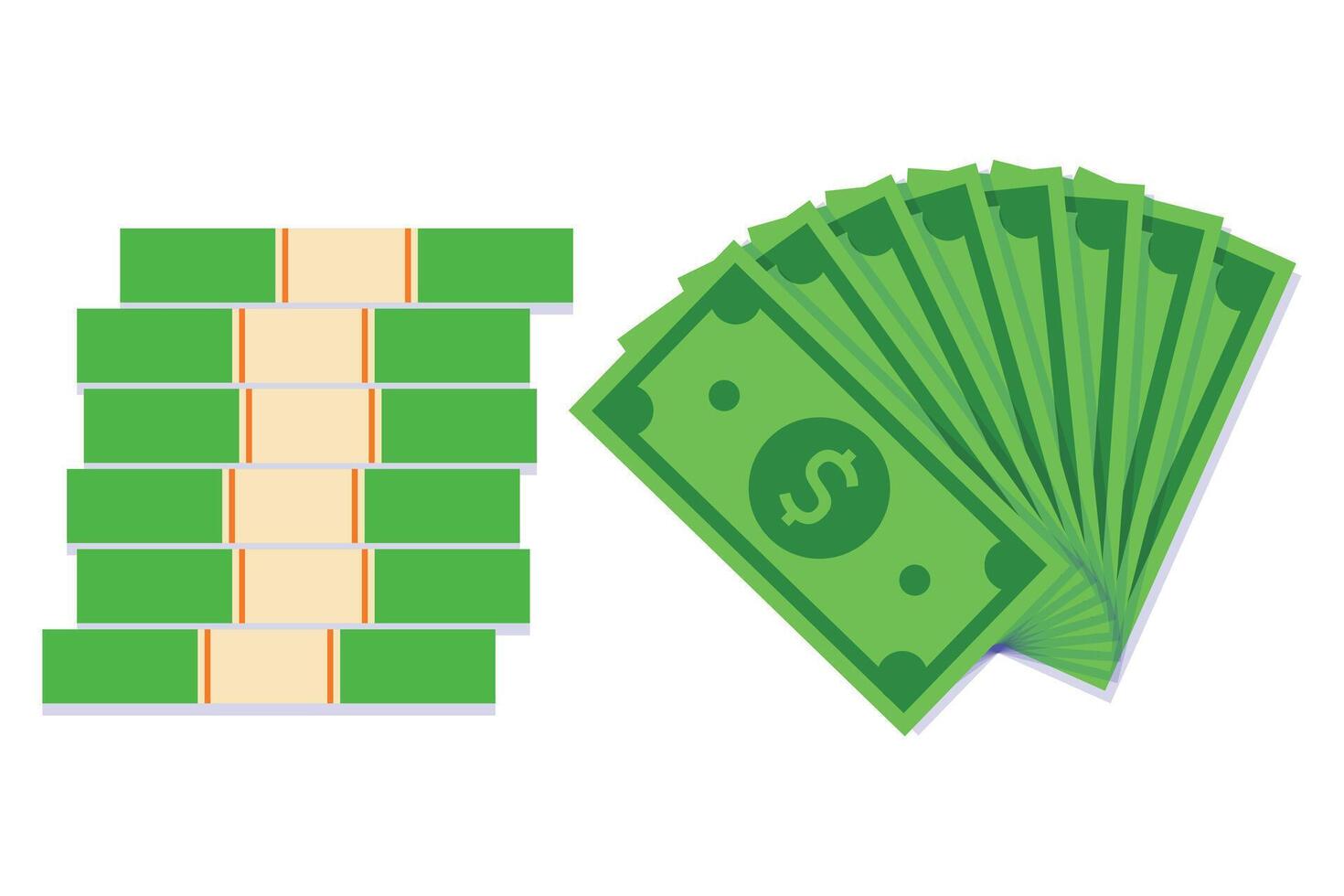Cash money dollar notes icon set. salary banknote stack symbol in black and green colors vector
