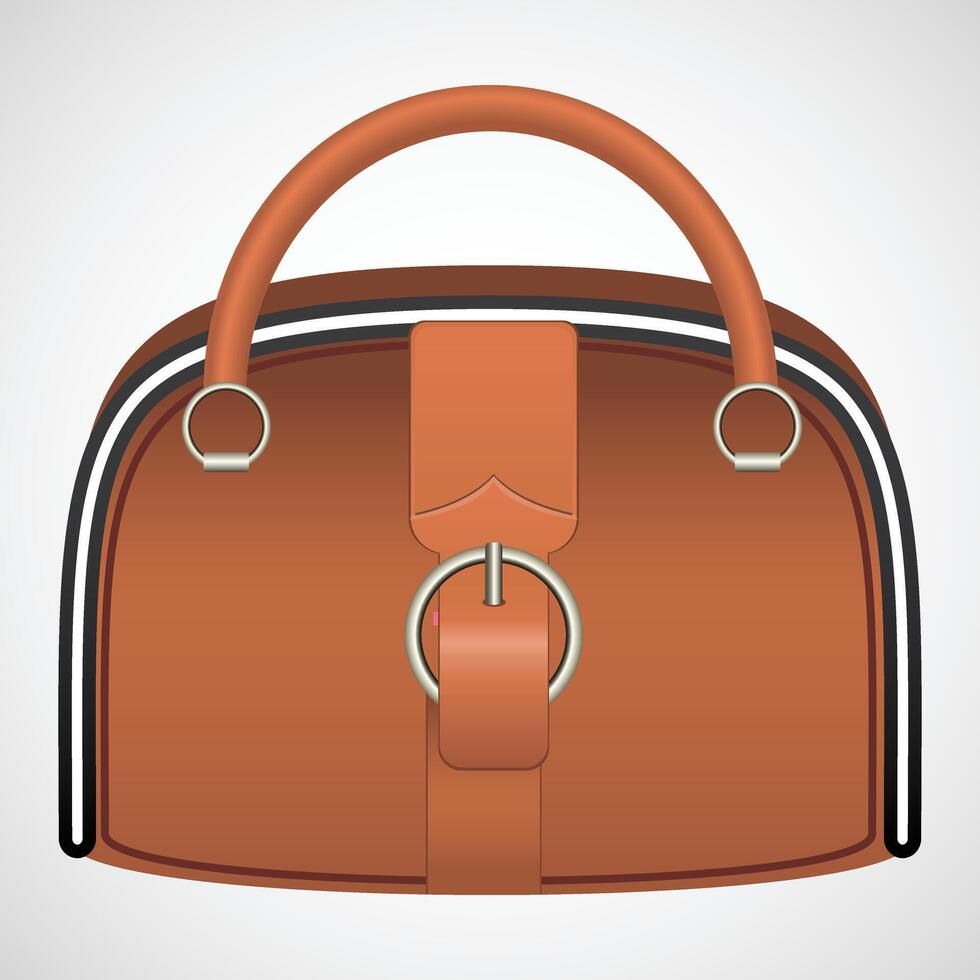 Stylish Brown Handbag Illustration with Strap, Flat illustration of a stylish brown handbag featuring a curved design, top strap, and button detail, perfect for fashion themes. vector