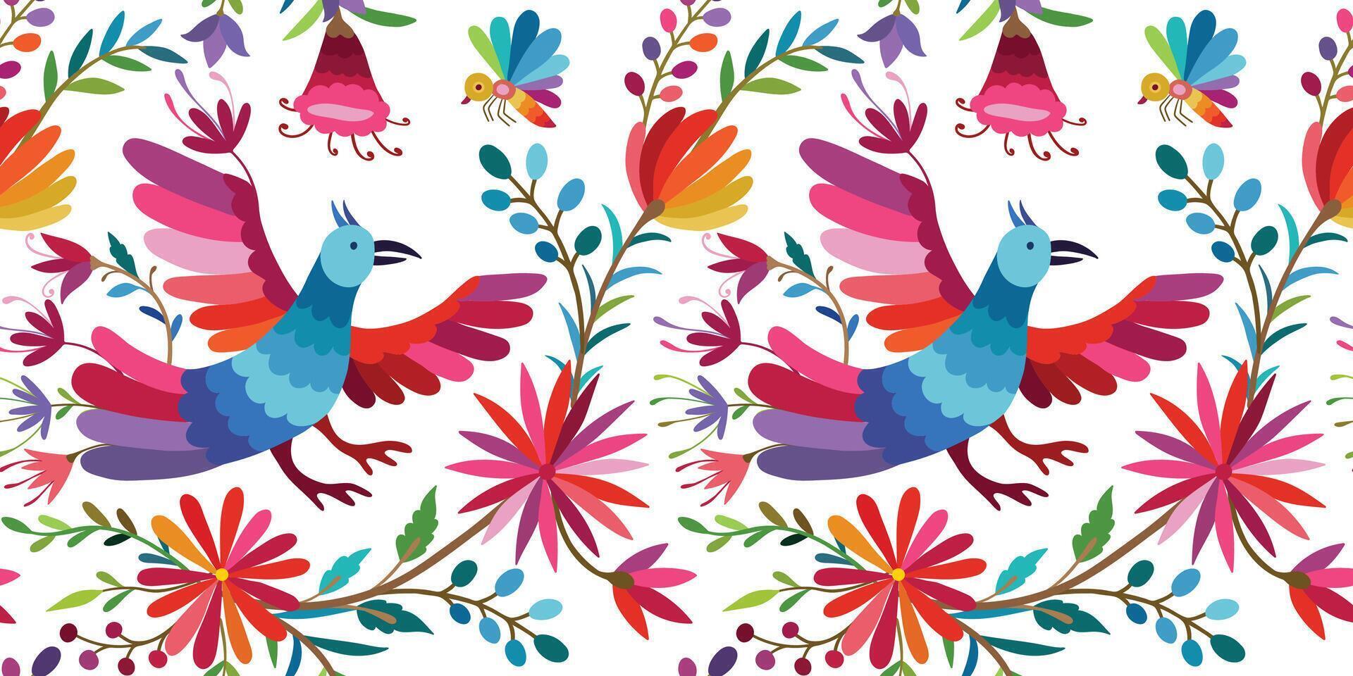 Seamless pattern with birds and flowers on white background. Mexican Traditional Textile Embroidery Style. vector