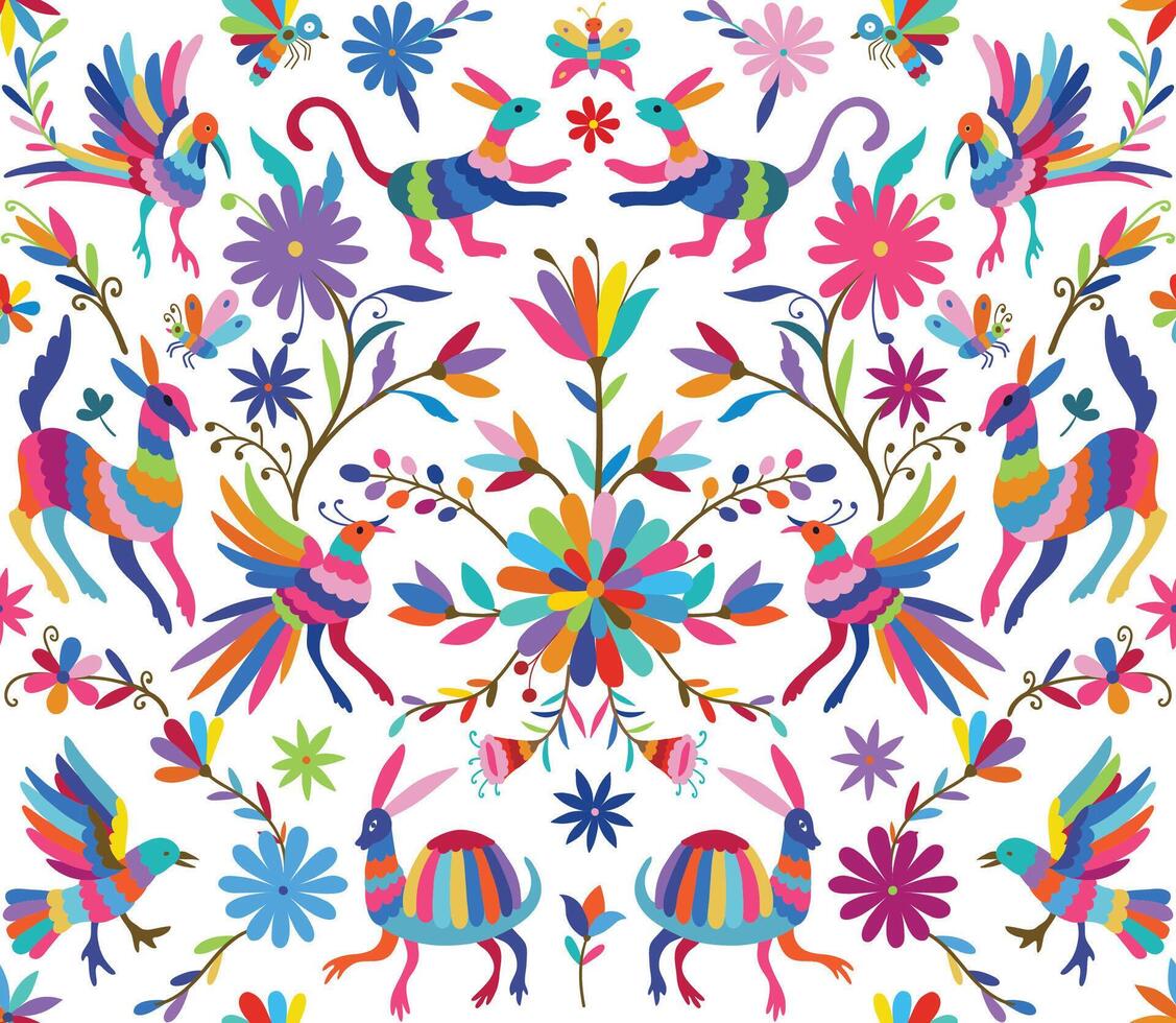 Seamless Mexican Otomi Style Bright Pattern. Seamless pattern with birds and flowers on white vector