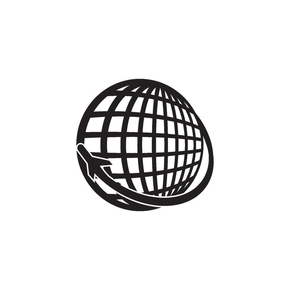 A black and white logo of a globe with an arrow vector