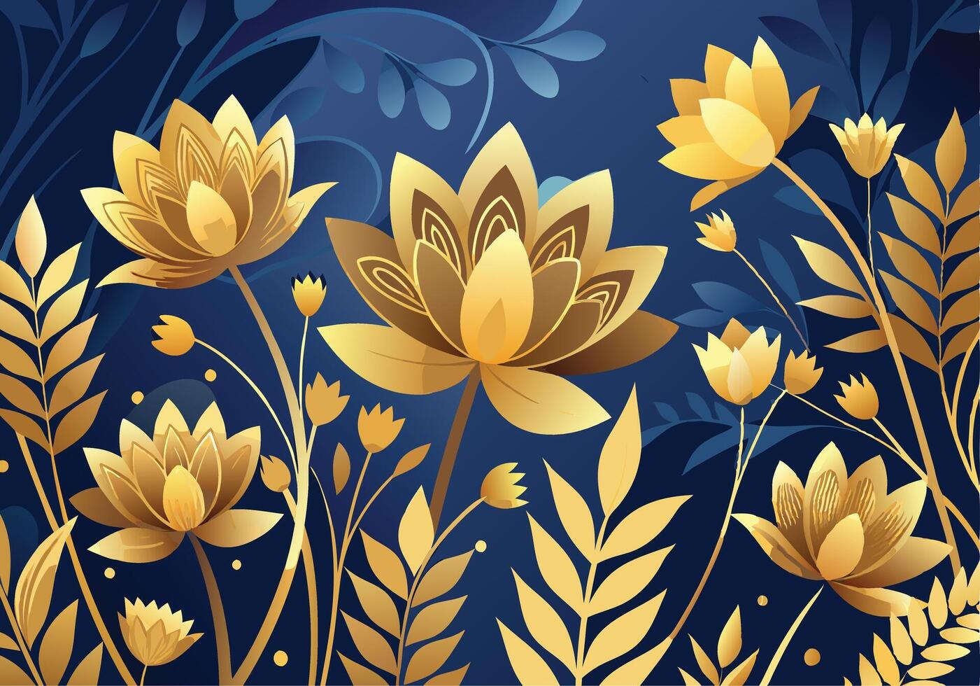 Golden Floral Botanical Art Navy Blue Background Luxury Design vector
