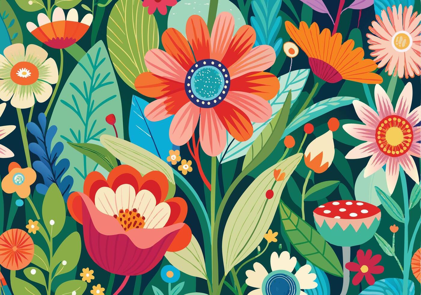 Vibrant Floral Pattern with Bold Colors and Decorative Style vector