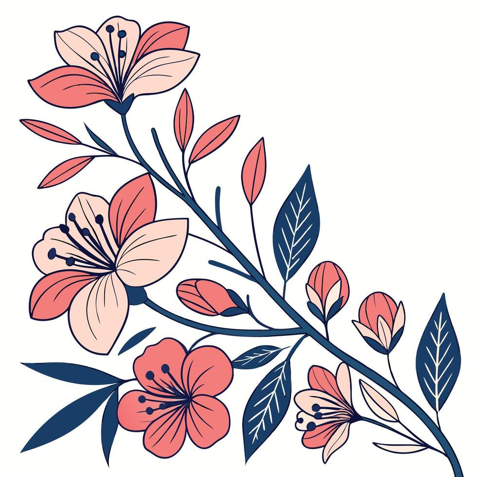 Elegant Floral Branch Design Pink Flowers, Blue Leaves, Corner vector