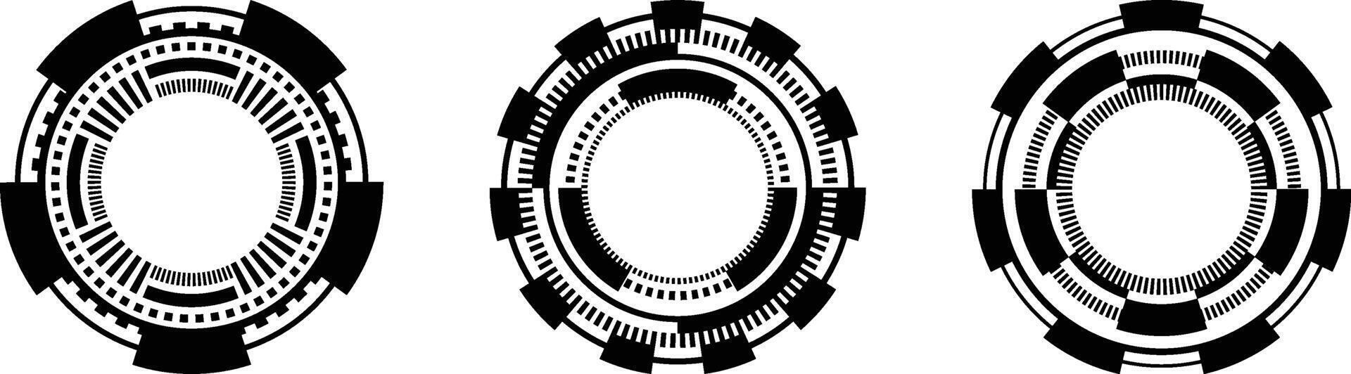 Three circular, geometric shapes, designed in black and white, resembling technology or futuristic interfaces. vector