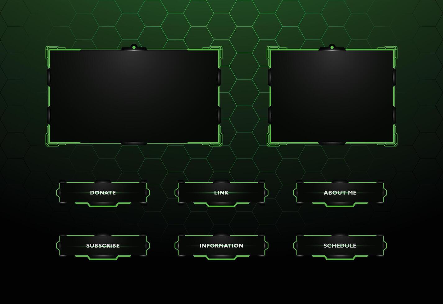 Modern tech inspired streaming overlay design featuring a dark background with vibrant green accents. vector