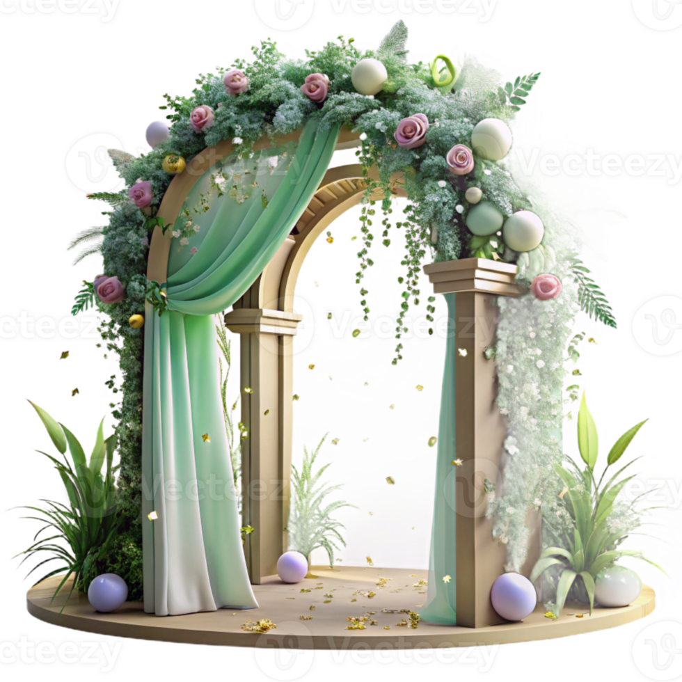 dramatic artistic Wedding Arch Decorated with Greenery and Flowers Transparent for Outdoor Ceremonies png