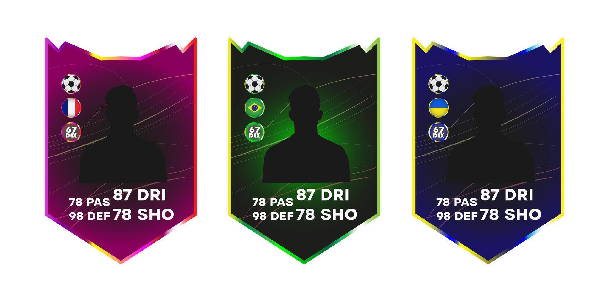 Custom football player card template with silhouette, stats, and national flags. Digital design in red, green, and blue variants. Gaming and sports concept for design and print vector
