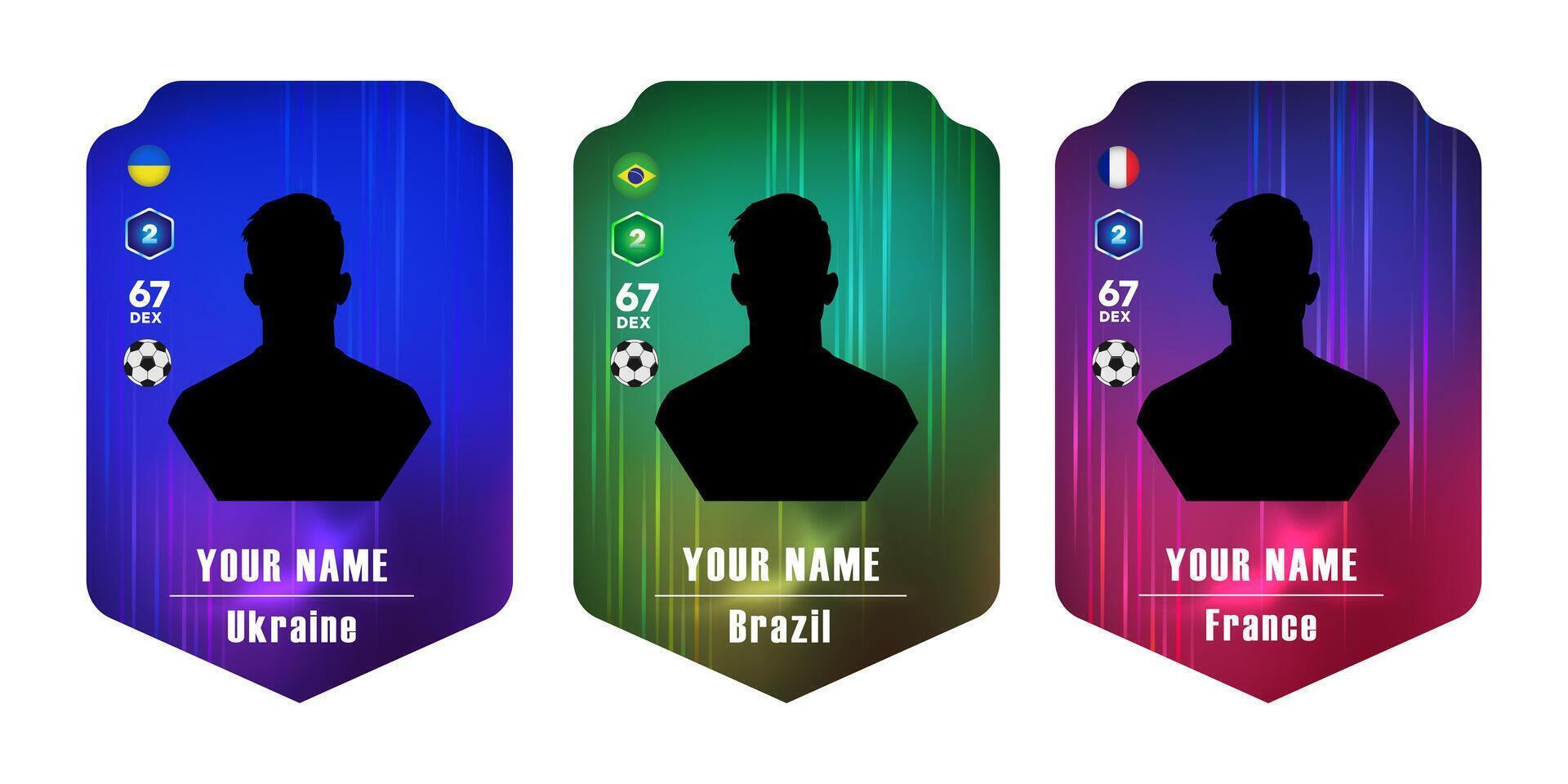 Customizable football player card templates with silhouette, national flags of Ukraine, Brazil, and France, and player stats. Digital sports card design for gaming and fantasy football vector