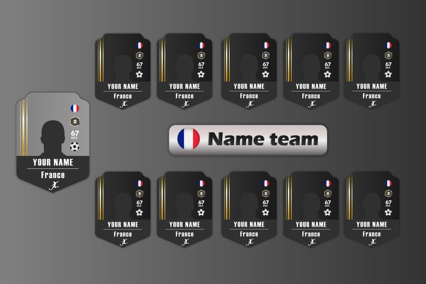 Customizable football player cards with France flag and team name on dark background. Sports gaming template for design vector