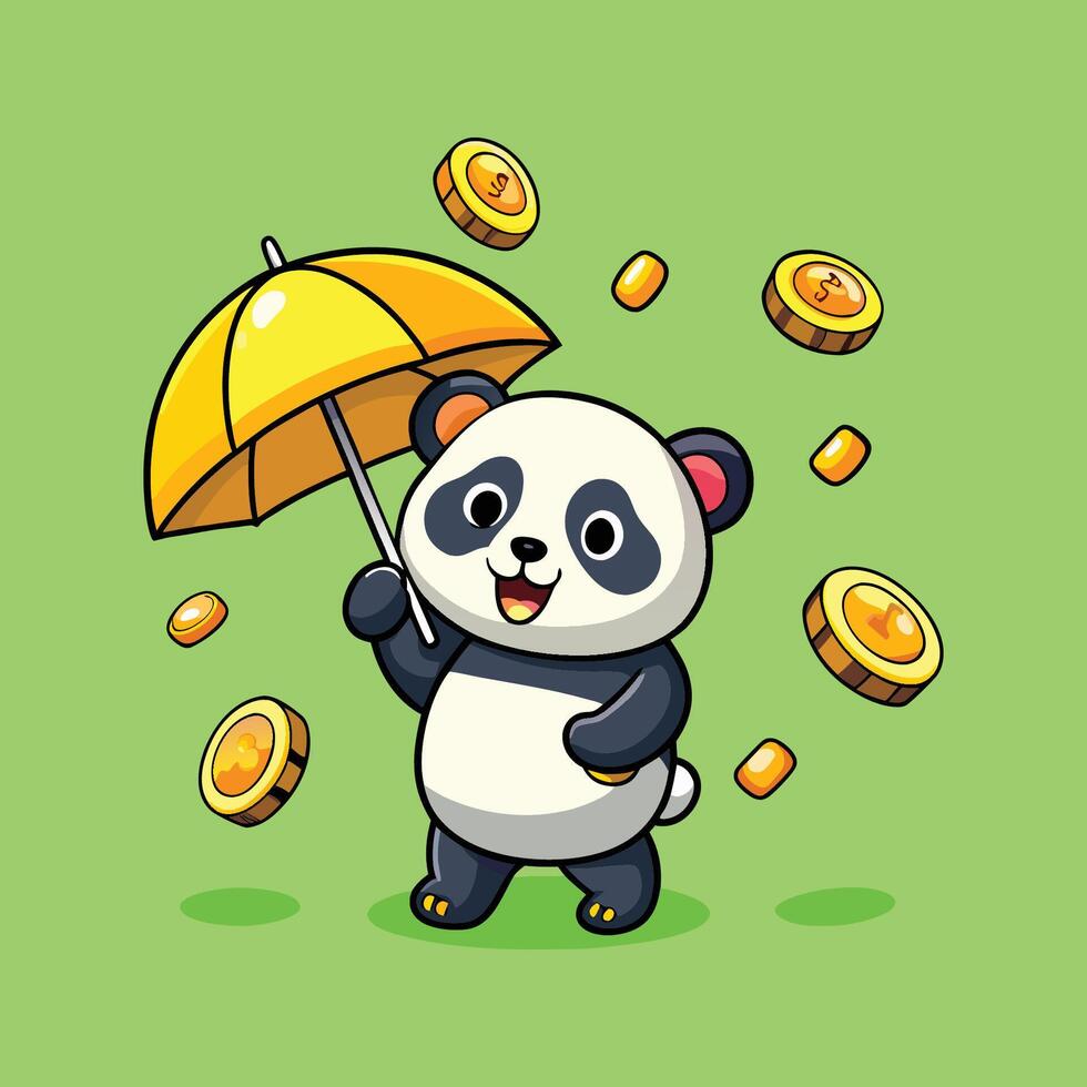 Happy Panda with an Umbrella and Gold Coins vector