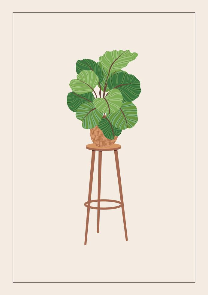 Potted plant on a new home greeting card, print, poster, or banner. Housewarming party invitation with house plant on a flowerpot stand. New place to live in postcard. Flat illustration. vector