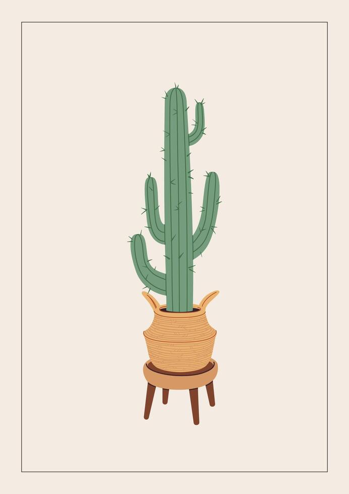 Potted cactus on a new home greeting card, print, poster, or banner. Housewarming party invitation with house plant on a wicker basket. New place to live in postcard. Flat illustration. vector