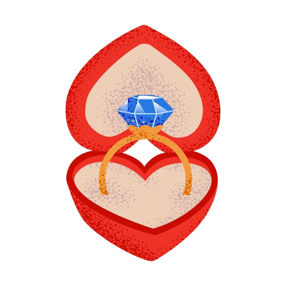 Wedding ring in the red heart shaped box. Engagement ring with diamond. Romantic love symbol. Ring illustration for Valentine's day card, wedding invitation, sticker, proposal, social media. vector