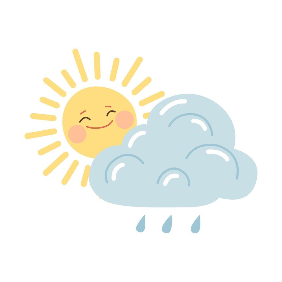 Sun and cloud with rain drops. Cute weather illustration with a smiling sun peeking behind fluffy blue cloud with raindrops. Cloudy forecast icon. Sunrise or sunshine cartoon illustration. vector