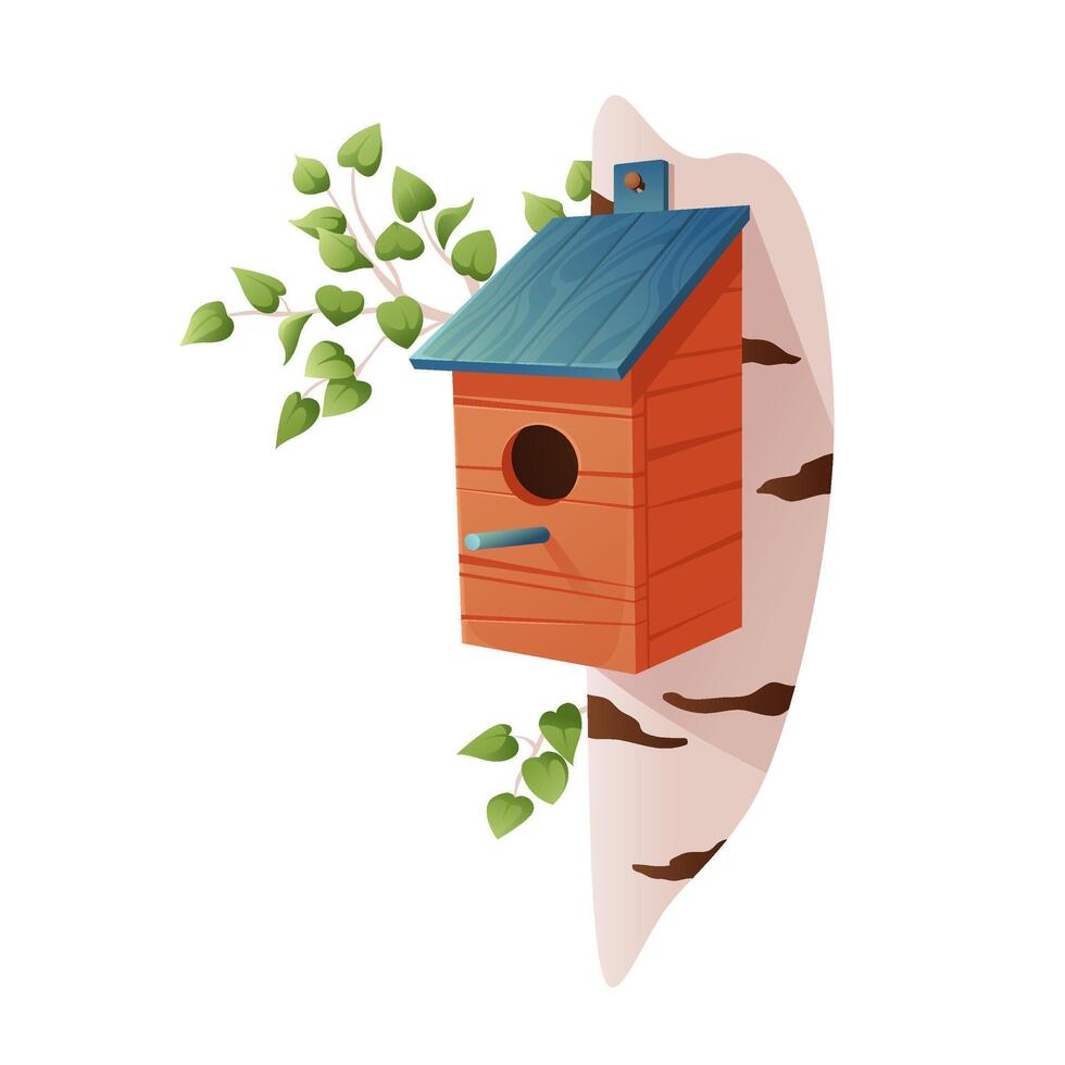 Bird house illustration isolated on a white background. Hand drawn colorful wooden birdhouse on birch tree. Hand made nest for spring or winter birds. Illustration for banners, cards, web. vector