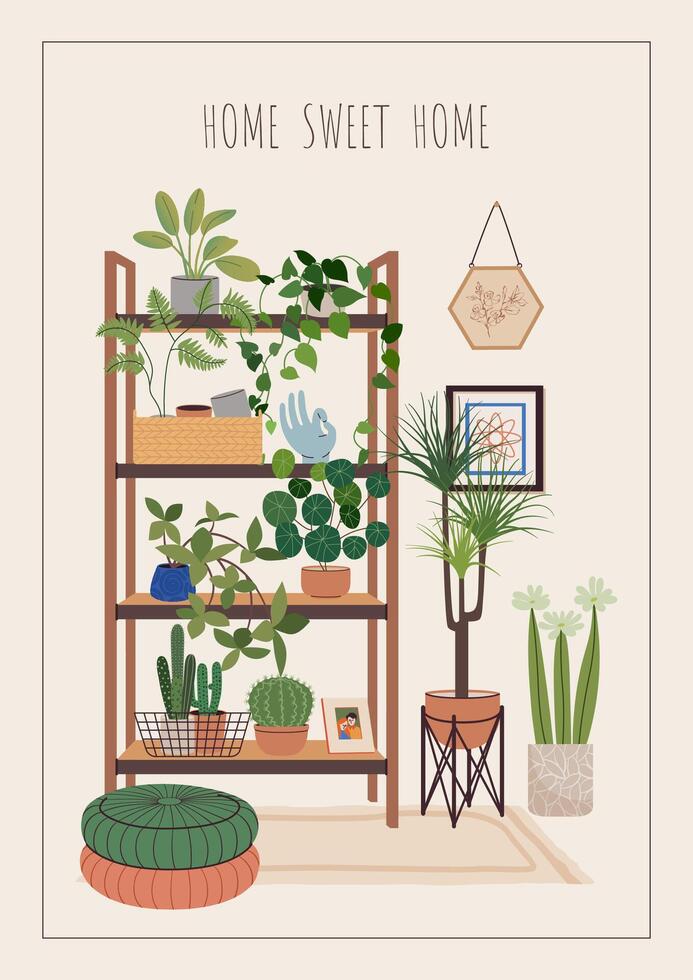 Interior scene with house plants for new home greeting card, print, poster, or housewarming invitation. New place to live in postcard with flower racks, flowers, and wall art. Flat illustration vector