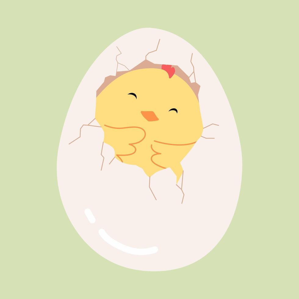 Chick hatch from egg. Cute easter character bird birth. Cracked egg with cute baby chicken inside peeking out of the egg. Broken eggshell with hatched newborn chicken. Flat illustration. vector