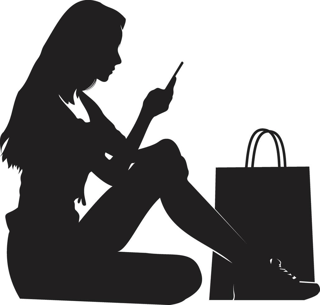 A young girl sitting holding a mobile phone to order, and next to her is a shopping bag . vector