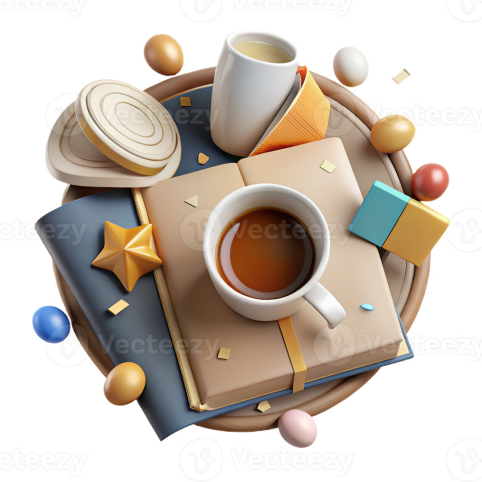 extraordinary artistic Book and Coffee Mug Top View Cutout for Cafe Promotions detailed png