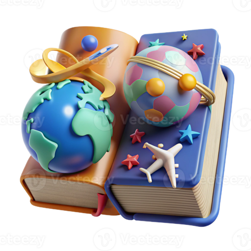 magnificent vintage Book with Globe and Airplane Cutout for Travel Literature authentic png