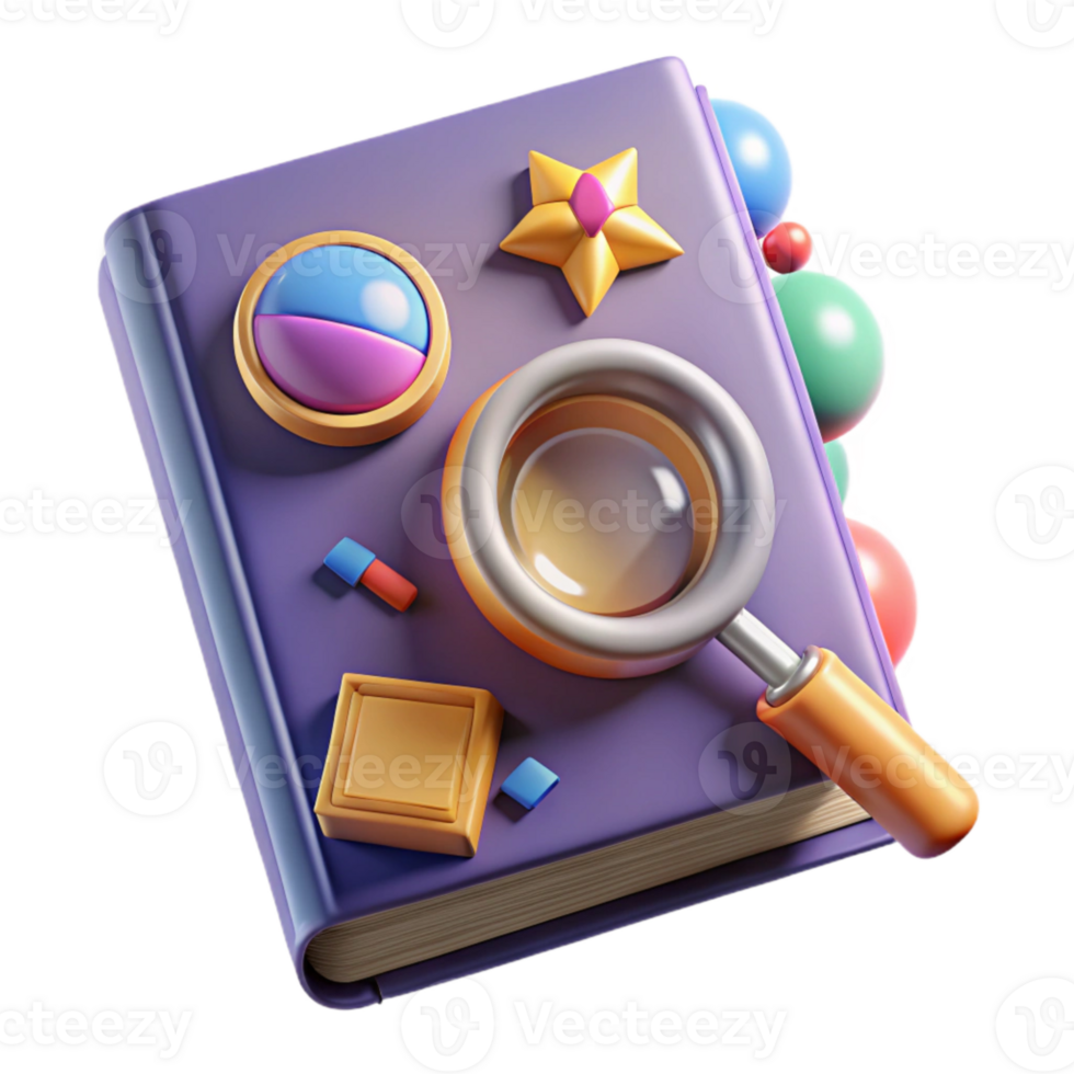 dramatic traditional Book with Magnifying Glass Cutout for Research Projects high resolution png