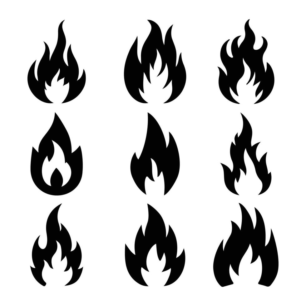 Fire flame icon set, Fire silhouettes design vector