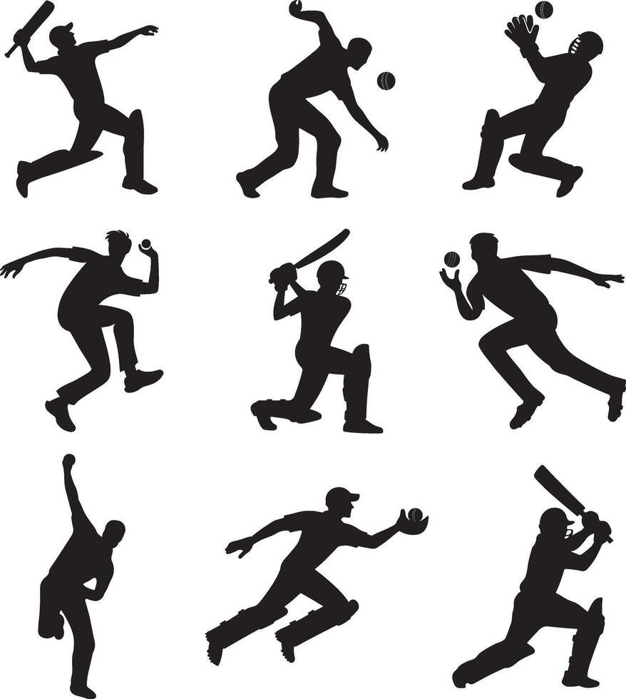Cricket players silhouette icon set vector