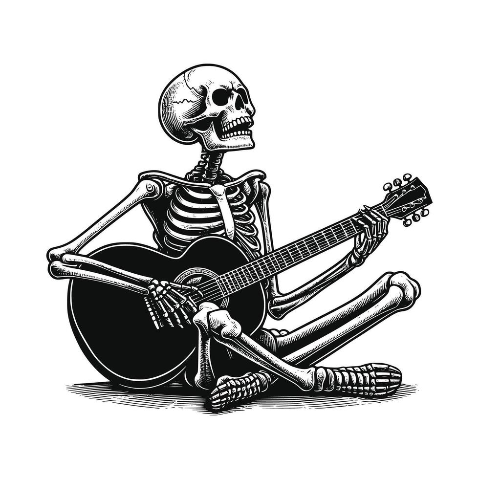 illustration of Skeleton playing a guitar black and white line art drawing vector