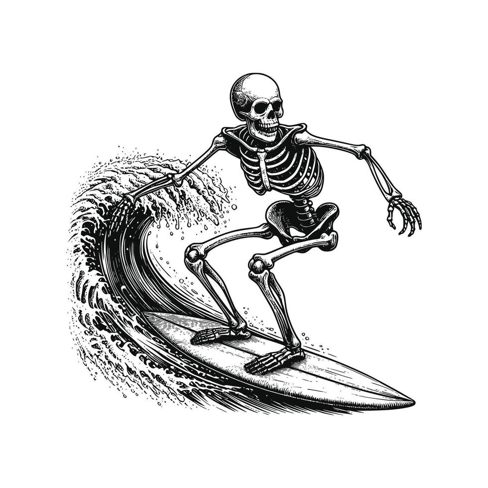 illustration of Skeleton Surfing black and white outline drawing vector