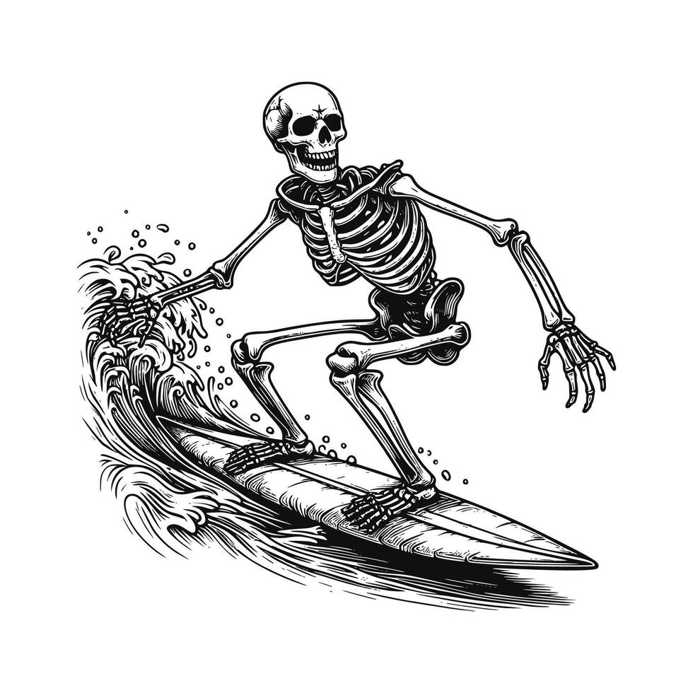 illustration of Skeleton Surfing black and white line art drawing vector