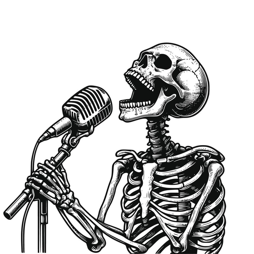 illustration of Skeleton Singing black and white outline drawing vector