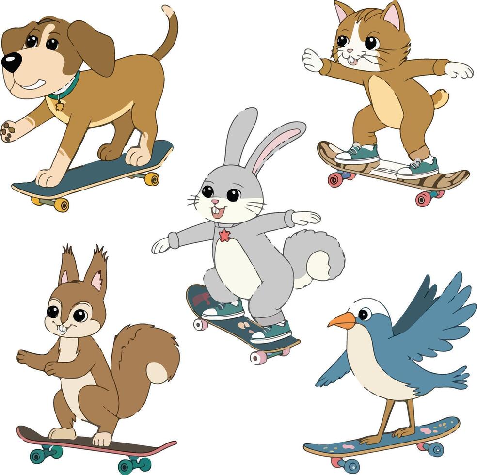 cartoon animals on skateboards bard cart rabbit dog vector