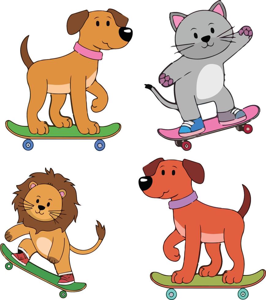 cartoon animals on skateboards dog and lions stickers vector