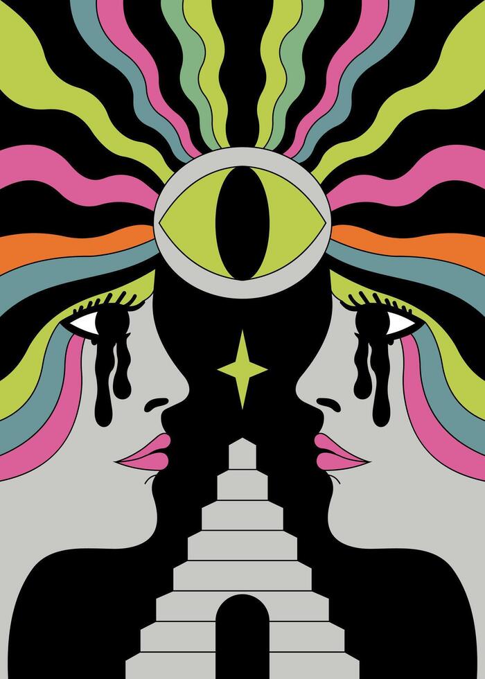 Surreal Psychedelic Eye with Dual Faces and Staircase vector