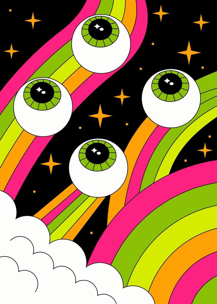 Psychedelic Floating Eyeballs on Cosmic Night Sky vector