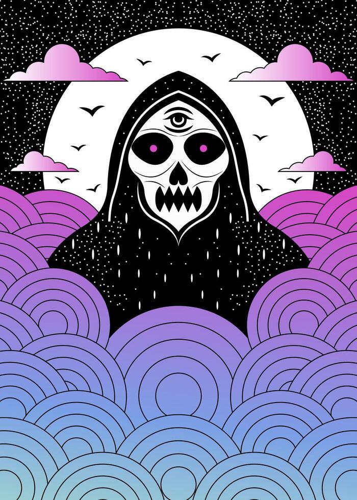 Mystical Grim Reaper with Third Eye in Surreal Night Sky and Gradient Clouds vector