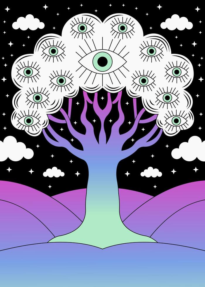 Surreal Tree of Eyes with Cosmic Dreamscape Background vector