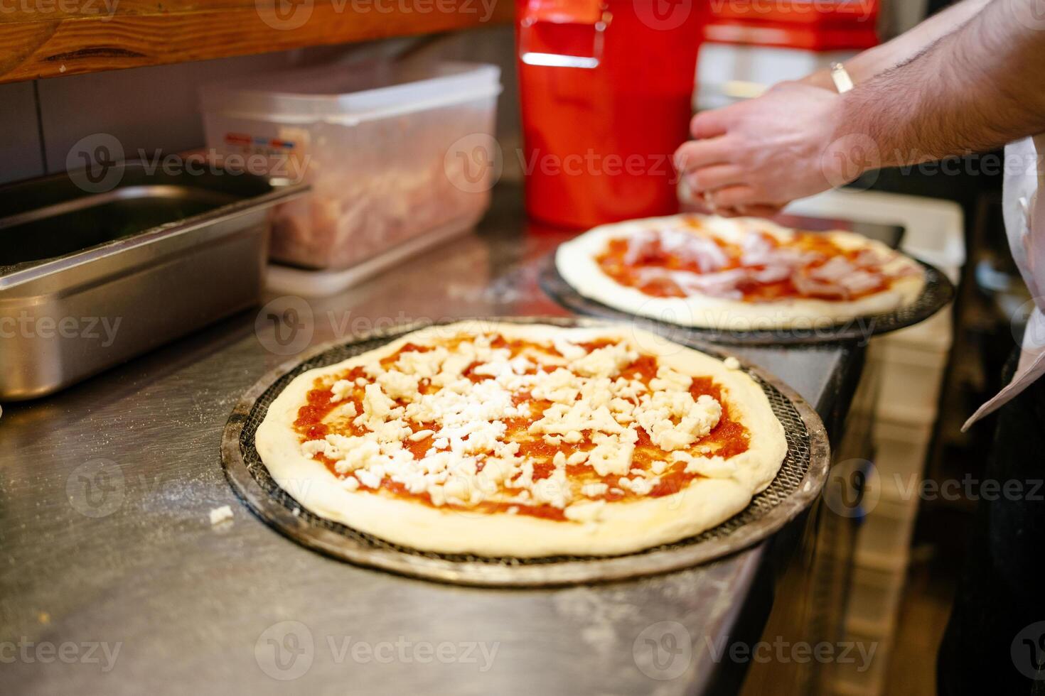 Pizza with tomato and cheese before going into the oven photo