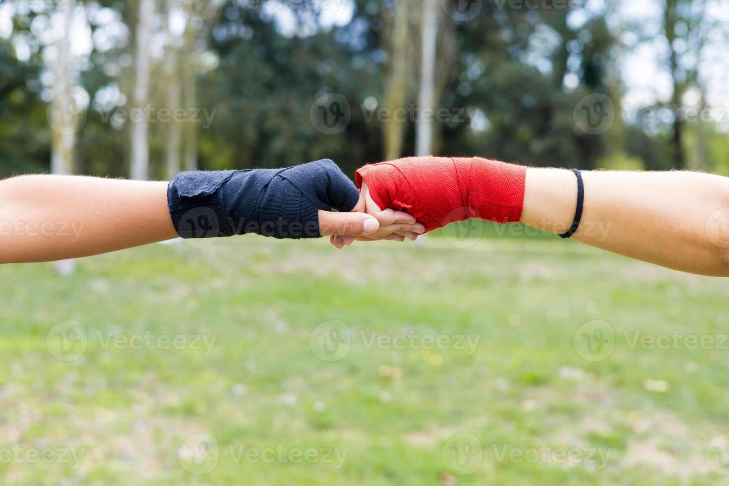 Boxer women bumping wrapped fists boxing outdoors photo