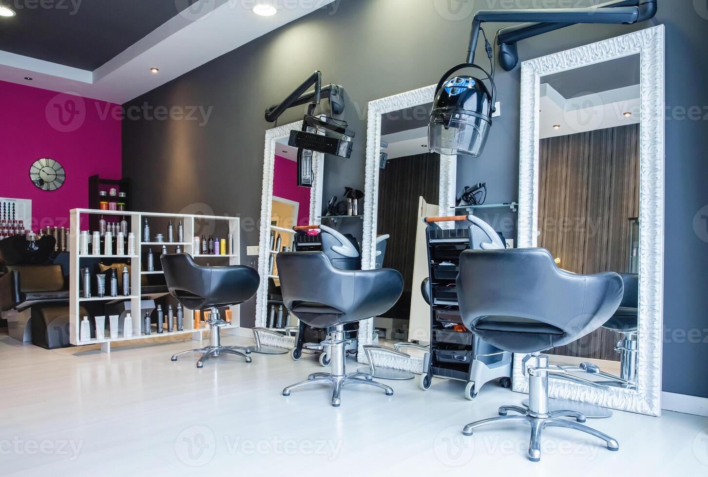 Interior of empty modern hair and beauty salon photo